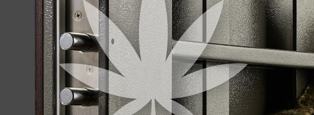 A translucent marijuana leaf is superimposed on a close-up of a metal safe door with visible locking mechanisms.