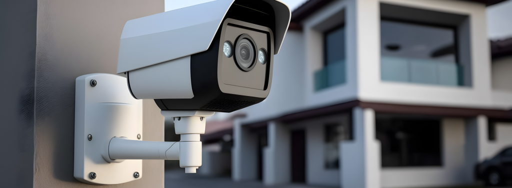 A close-up of a security camera mounted on a pole, with a modern residential house and driveway blurred in the background.