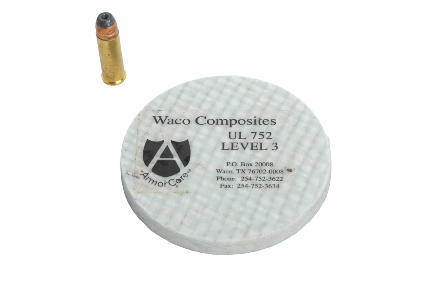 UL 752 Level 3 fiberglass wall panel product sample with bullet