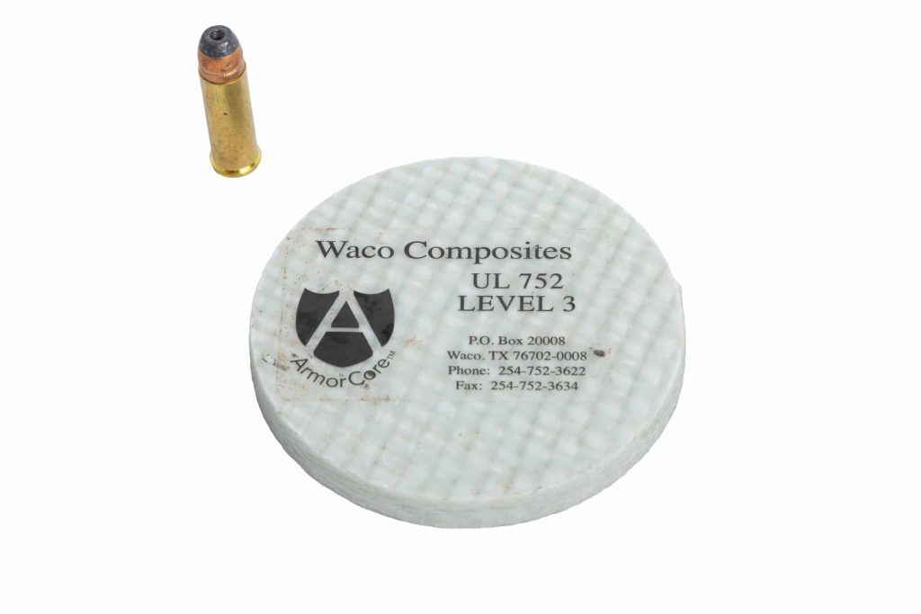 UL 752 Level 3 fiberglass wall panel product sample with bullet