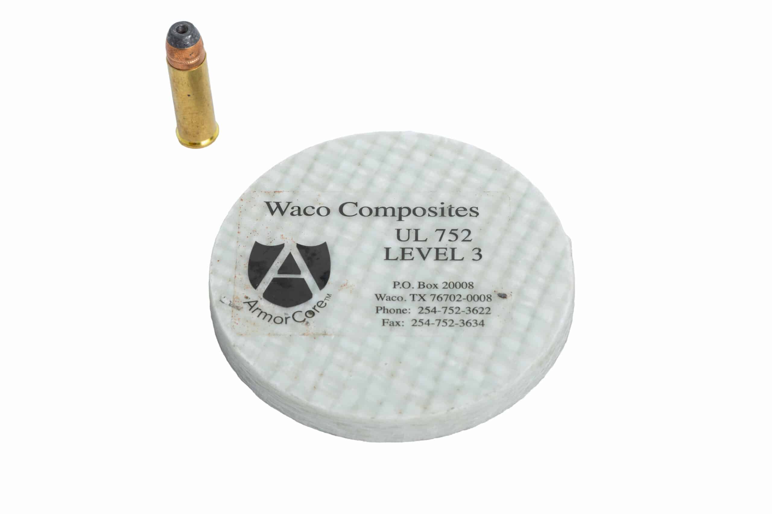 UL 752 Level 3 Rated Fiberglass Wall Panels sample product with bullet.