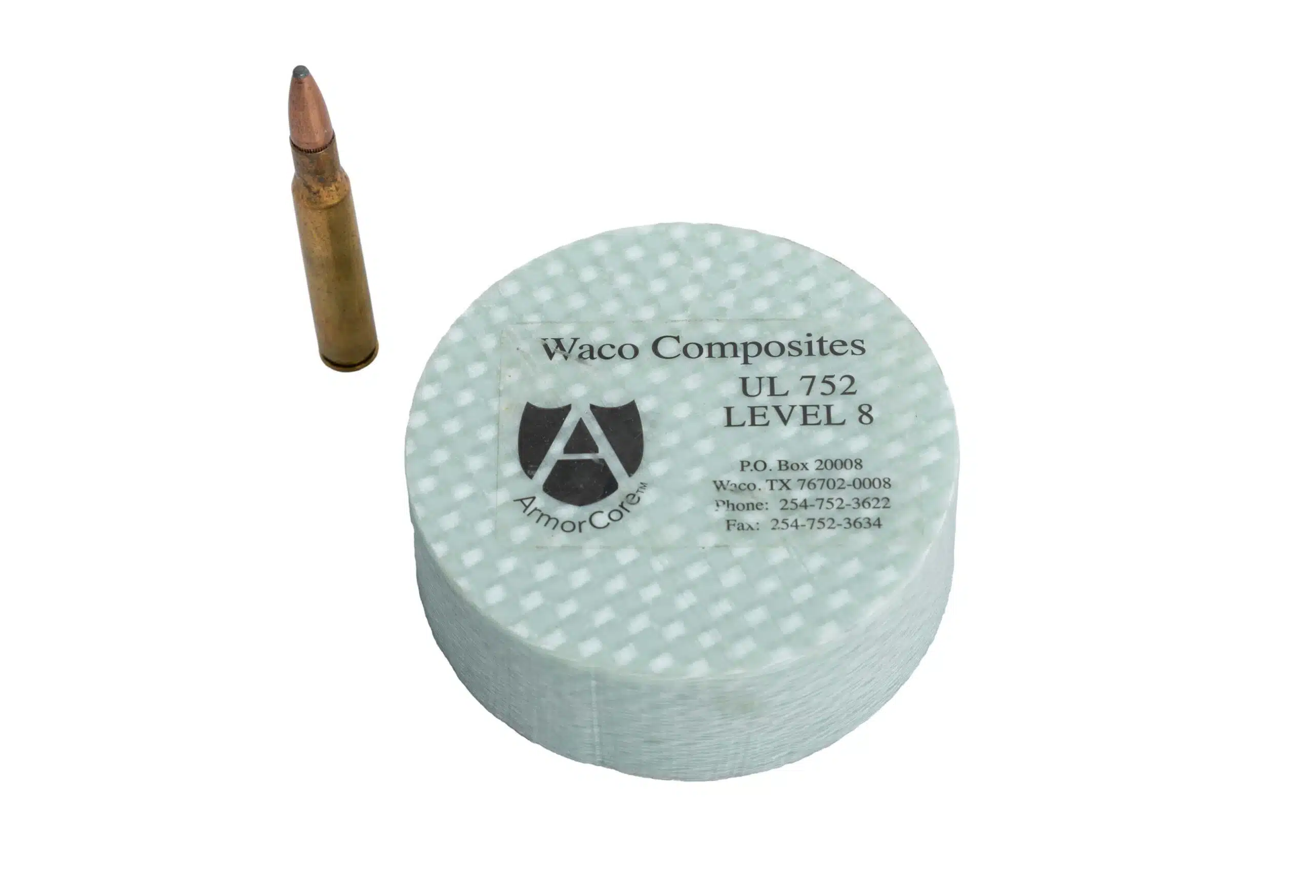 UL 752 Level 8 Rated Fiberglass Wall Panels sample product with bullet. 