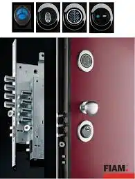 Close-up of a maroon security door featuring five locking mechanisms, including electronic and traditional locks