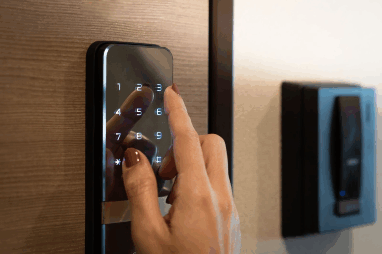 A hand with painted nails is entering a code on a modern, illuminated digital keypad lock on a wooden door