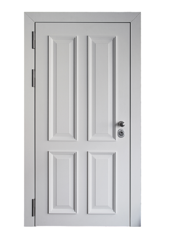 A closed white door with four raised rectangular panels, a metallic handle, and a keyhole on the right side, set within a plain door frame.