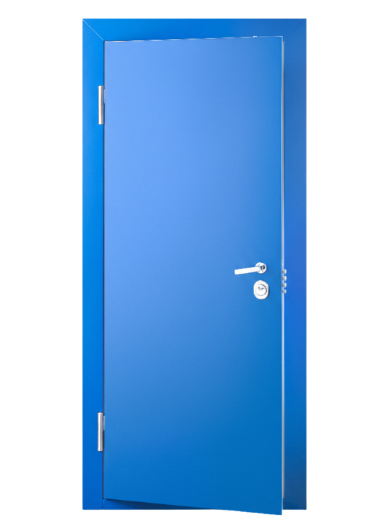 A blue door is partially open, showing a dark blue background behind it. The door has silver hinges and a silver handle with a lock.
