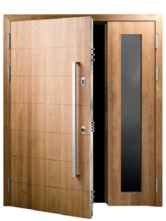 A modern wooden door with horizontal panels is slightly open, revealing a tall, narrow glass window set into the door next to a long vertical metal handle.