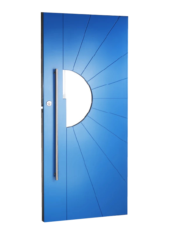 A modern blue door with a vertical silver handle and a semicircular window cut-out, featuring radiating line patterns from the window. The door is partially open, revealing a dark background.