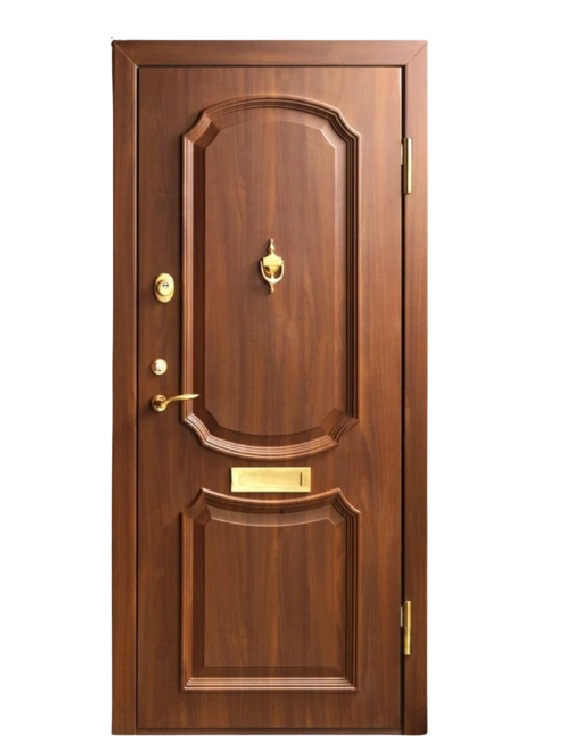 A closed wooden door with decorative panels, a brass door knocker, a letterbox, a handle, a keyhole, and security locks. The door frame and hinges are also visible.