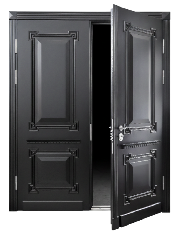 A large, ornate black double door with raised rectangular panels; the right door is partially open, revealing a dark interior behind it.