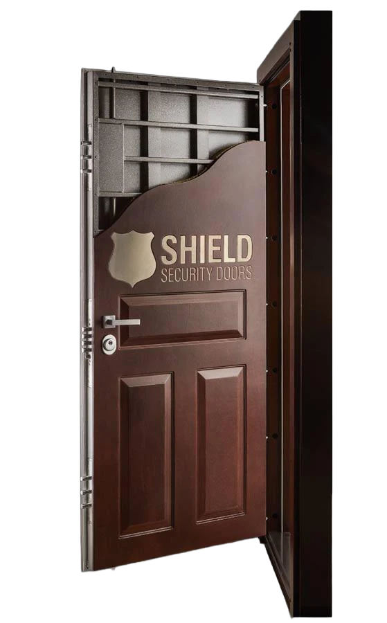 A sturdy brown security door, partially open, with a steel frame and the words Shield Security Doors and a shield logo displayed on the upper section.