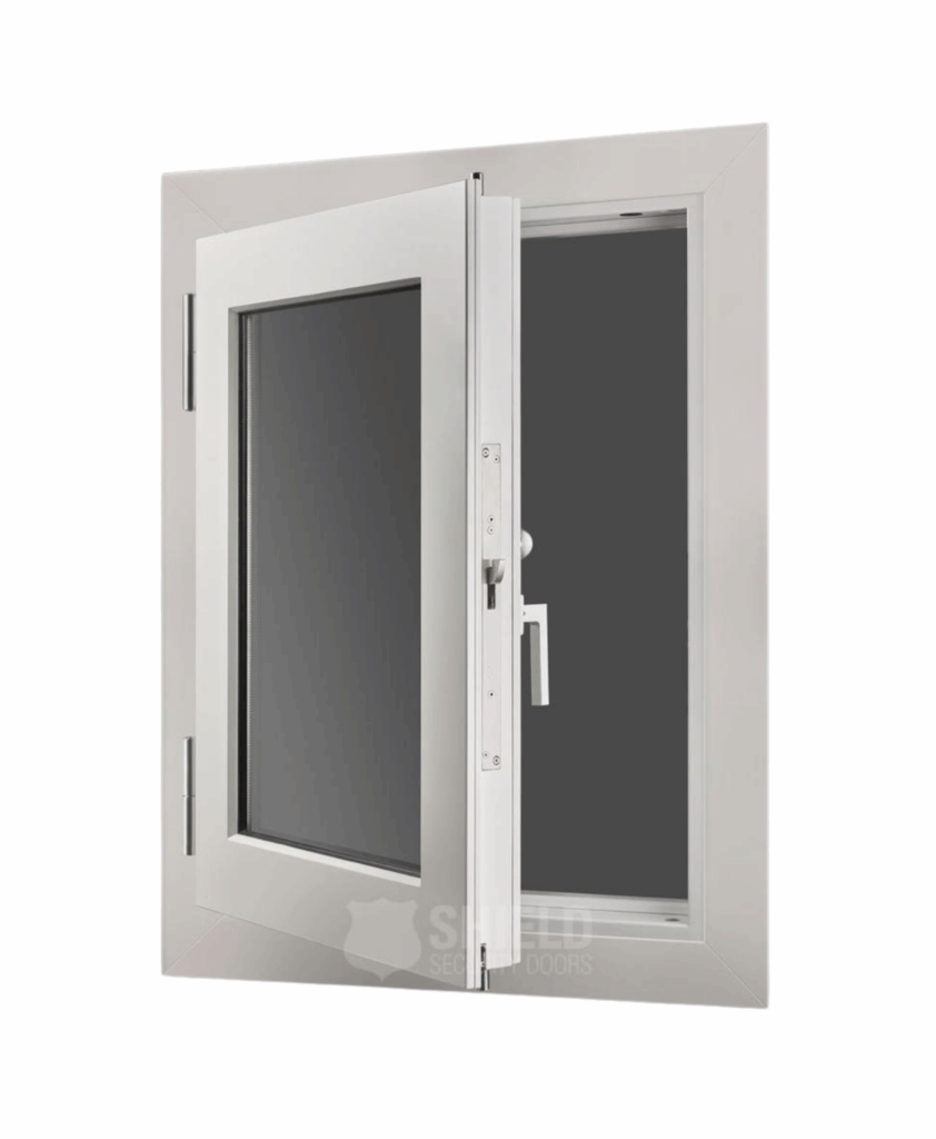 A white-framed window with a handle is partially open inward, showing clear glass and a dark background behind it.