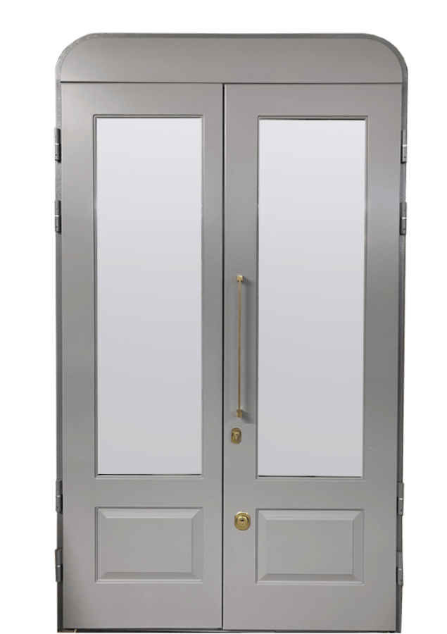 A gray double door with rectangular glass panels, a long vertical handle on the right door, and two lower solid panels on each door. The door has rounded edges at the top.