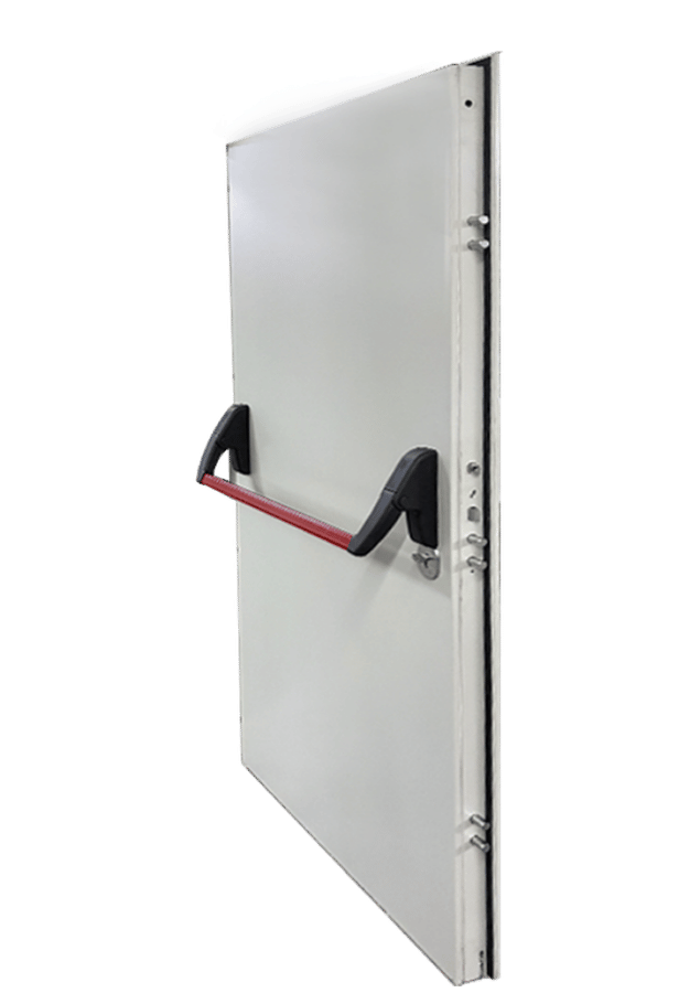 A white metal door with a red horizontal panic bar and black side handles, viewed at an angle against a white background.