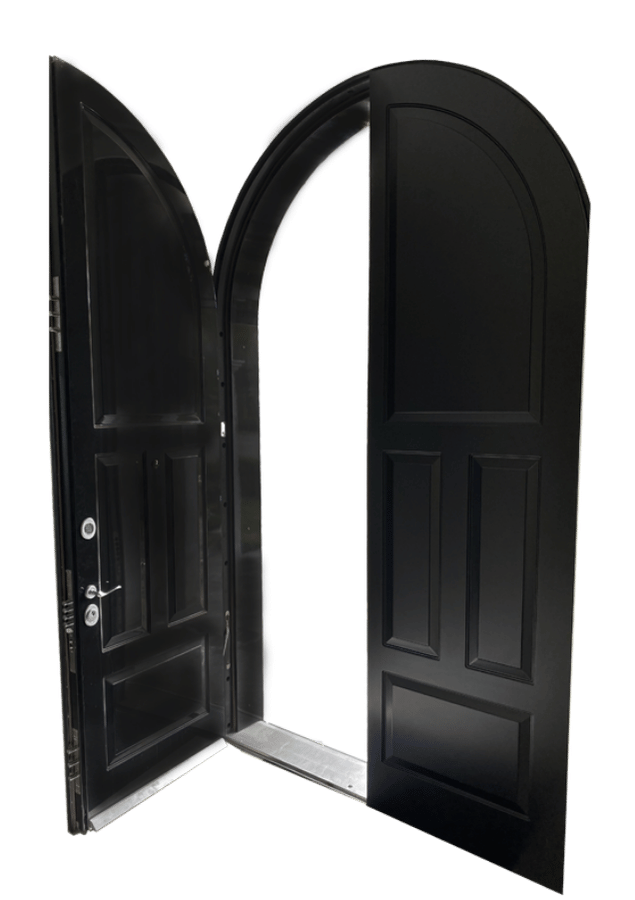 A black, double-arched door is open, revealing a bright white space beyond. The door features panel detailing and silver hardware, with one door opened wider than the other.