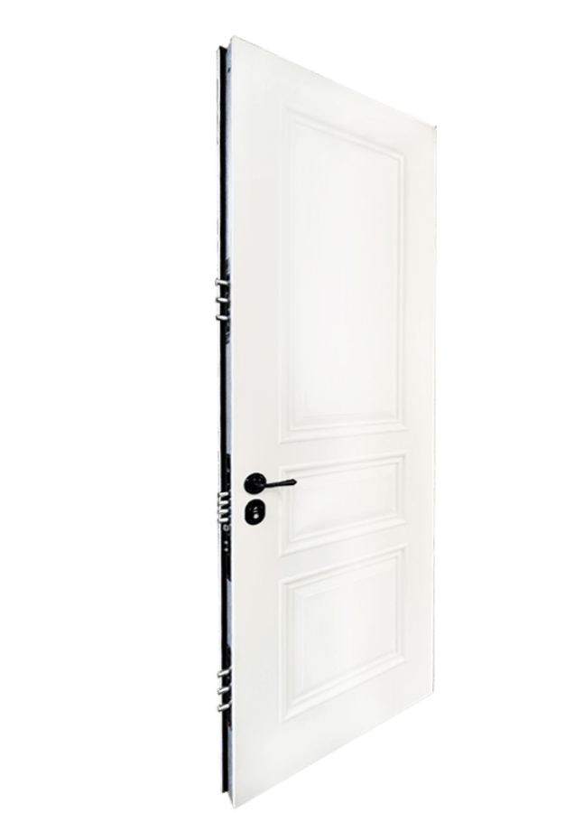 A white door with decorative panels is partially open, showing its hinges and a black door handle with a lock. The door is isolated on a white background.