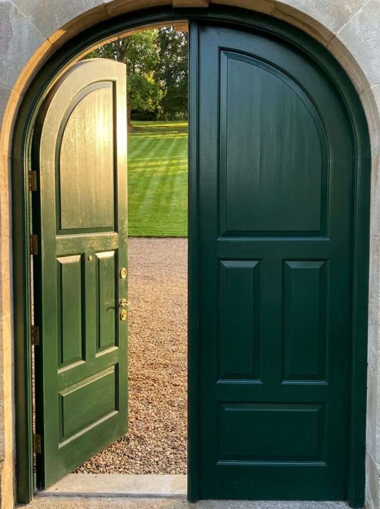 a high security double door, one side slightly open, reveals a gravel path and green grass outside. Sunlight casts a warm glow on the door and the landscape beyond.