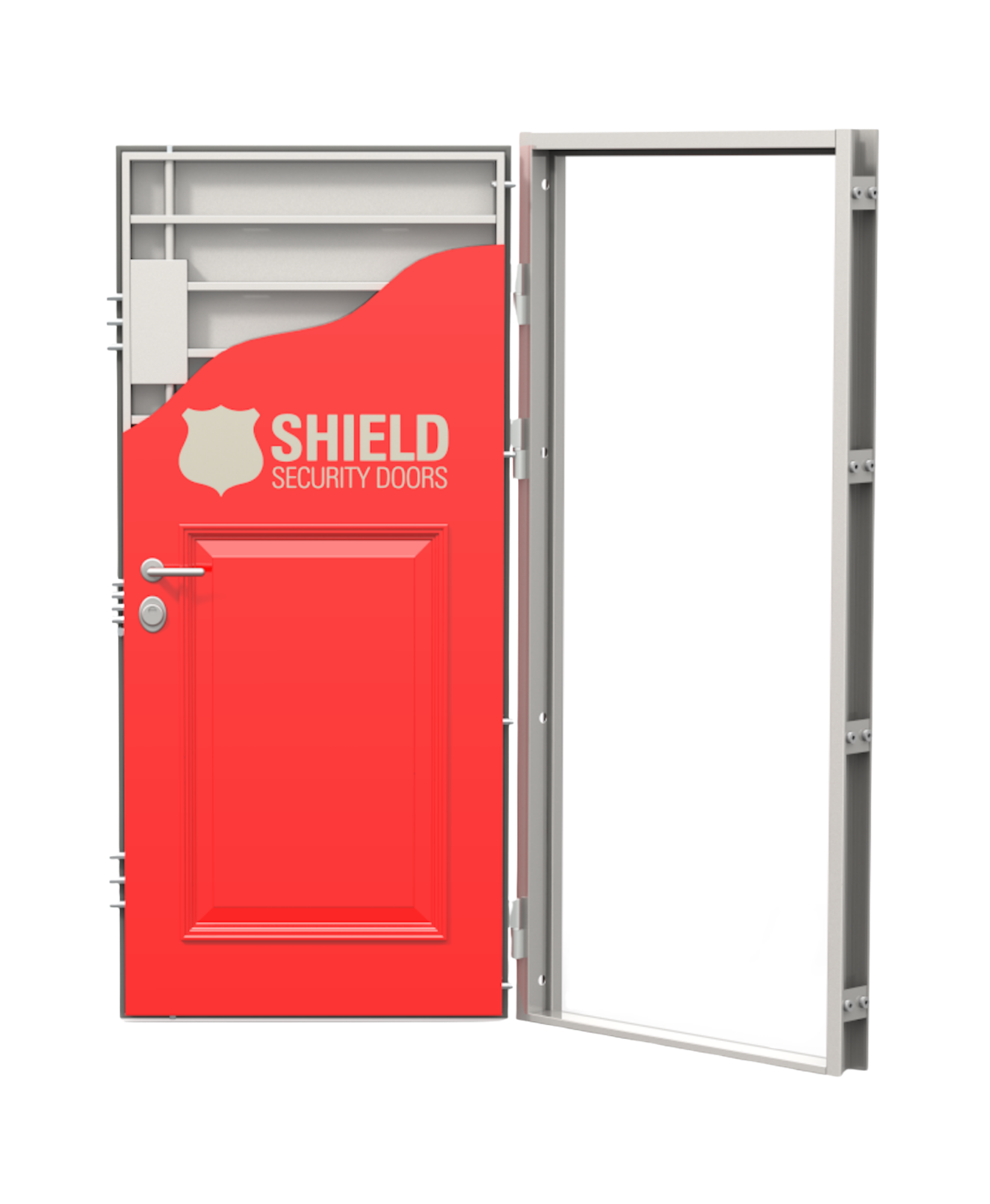 A red security door labeled Shield Security Doors stands open within a metal security frame. The door features a shield logo and silver door handle, highlighting its protective design.