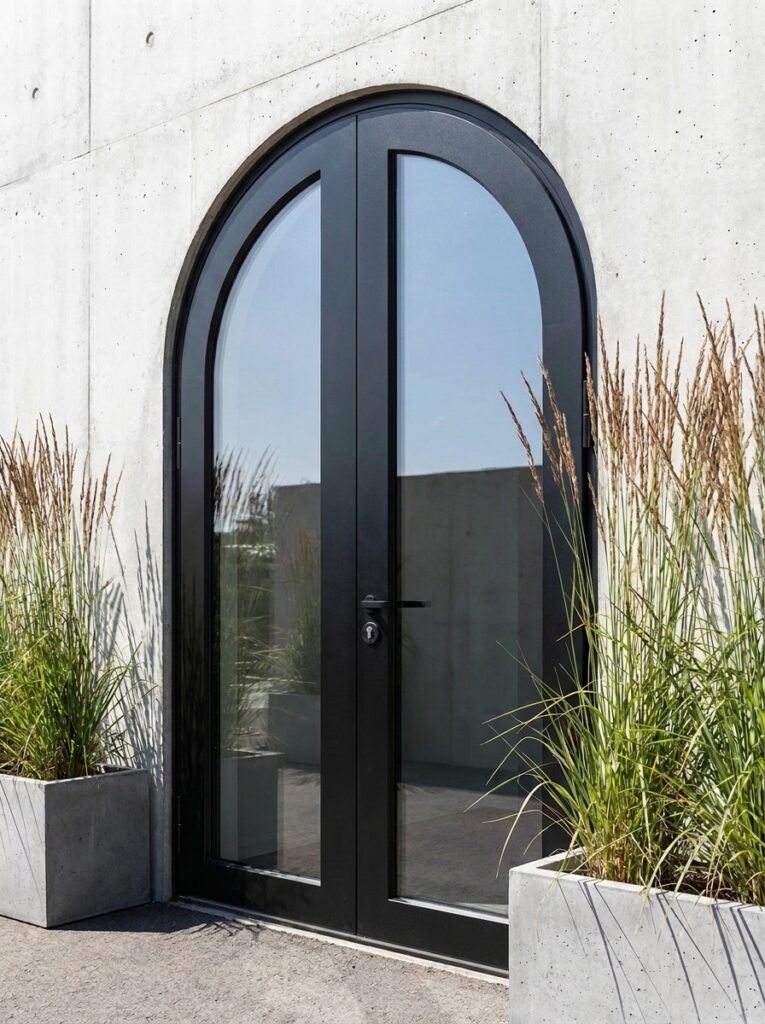An arched high security window glass in a high security frame leading onto the patio area of a backyard.
