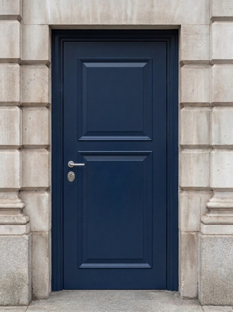 A single high security steel door at the side entrance of a building