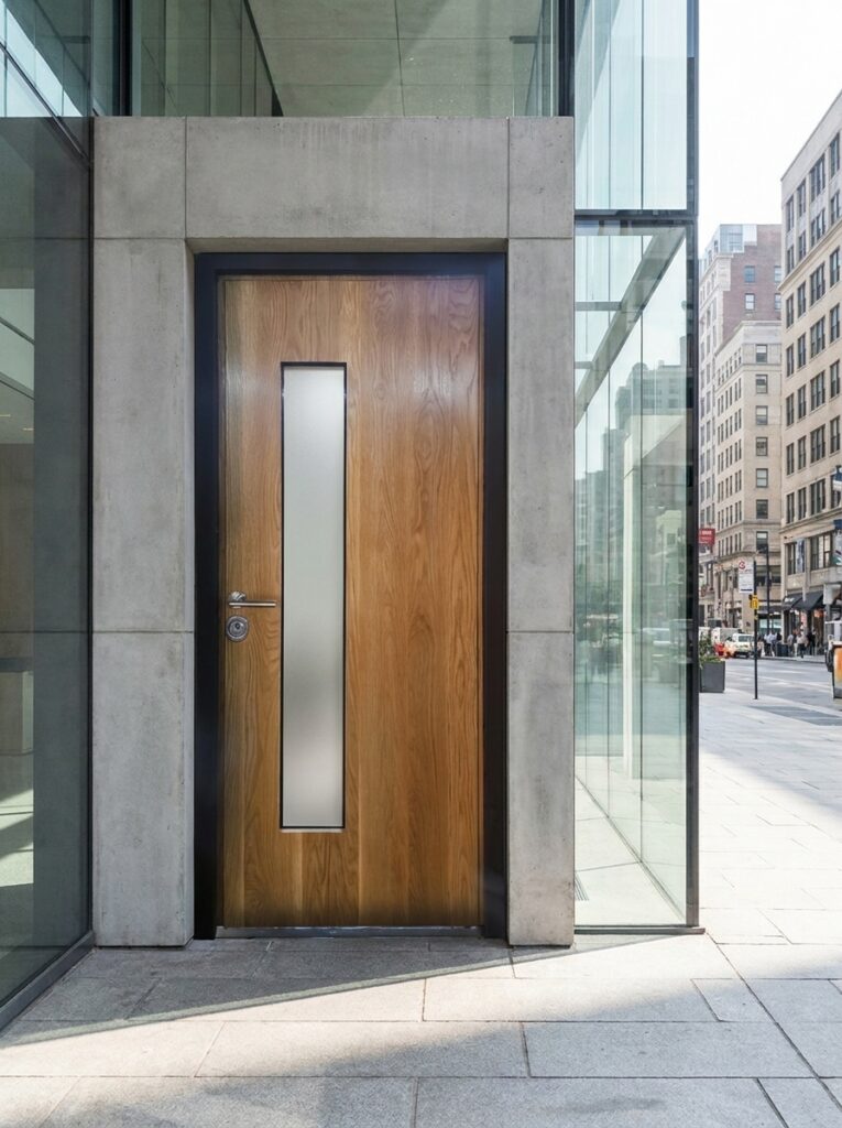 A high security door with a bullet proof high security window panel attached to a government building in a city