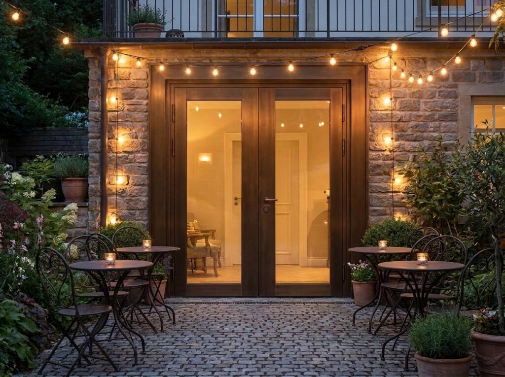 Two high security glass pane doors in the backyard leading into a house.
